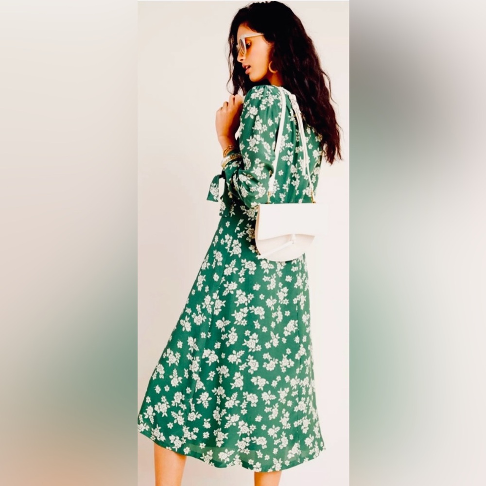 Anthropologie x Kachel Saoirse Floral Puff Sleeve V-Neck Midi Dress in Sage sz 2